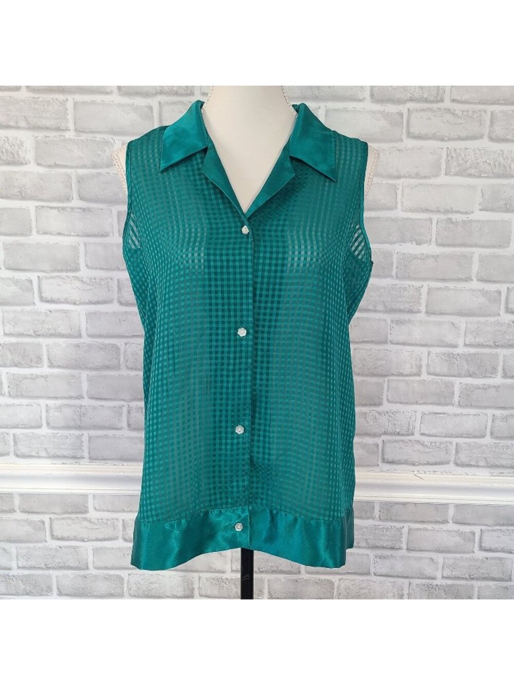 Vintage Victoria's Secret Label Green Satin Top Gingham Print Small